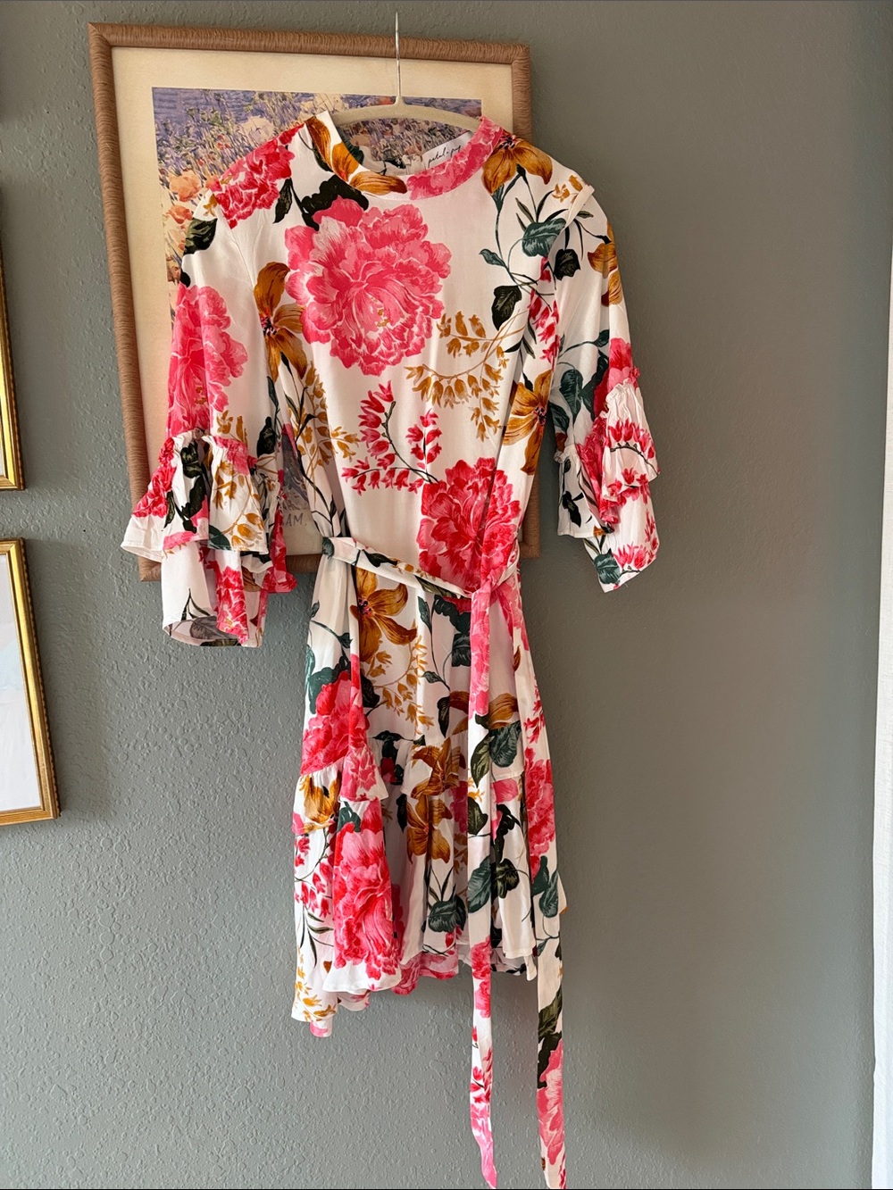 Petal & Pup White Floral Ruffle Sleeve Dress with Pink & Green Accents